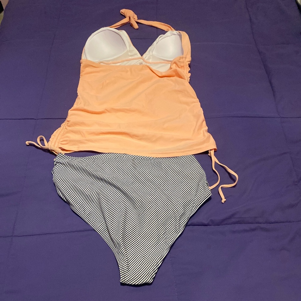 Sweetheart Peach Tankini & Striped Bikini Bottom Swimsuit   Size  L - Picture 2 of 3